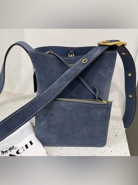 Coach Bleecker Denim Blue Suede Shoulder Bag in Navy with Gold Hardware - Coach
